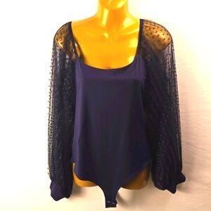 PINKMSTYLE Women's Long Sleeve Off The Shoulder Blue Square Neck Bodysuit Sz L